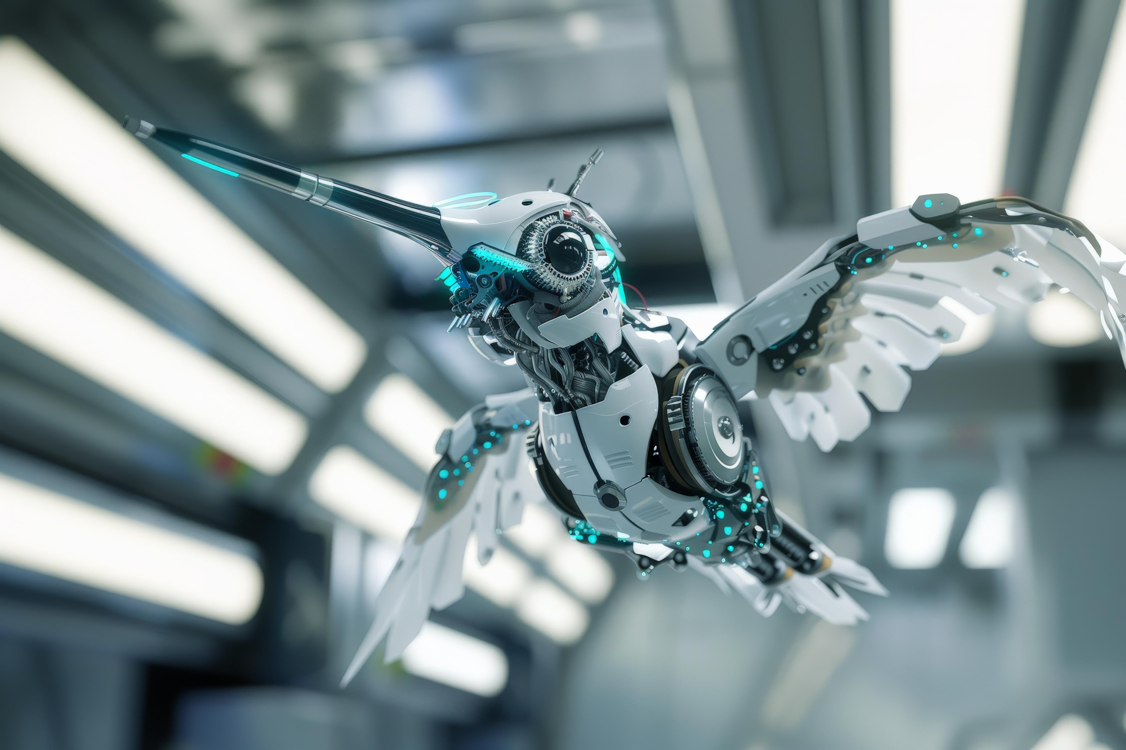 A futuristic robot hummingbird operating with precision in a controlled environment.