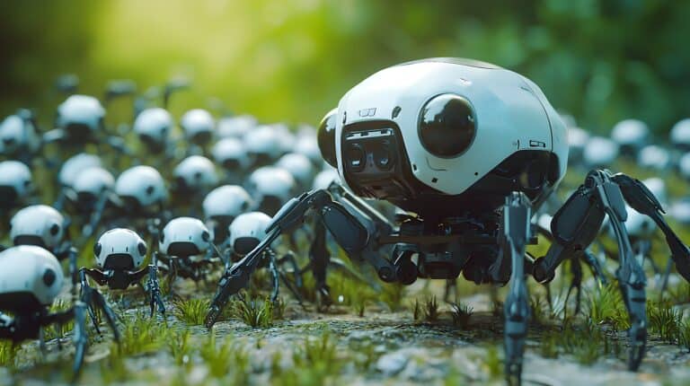 A robot spider is surrounded by several small robots, showcasing a futuristic assembly of robotic technology.